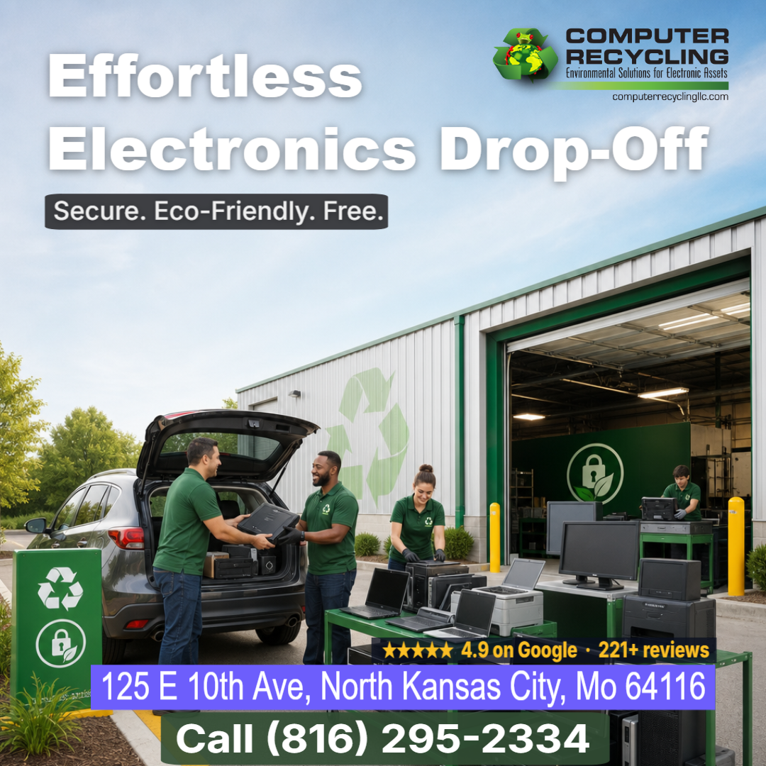 A clean, organized drop-off lane at Computer Recycling LLC’s North Kan — AI-generated marketing creative